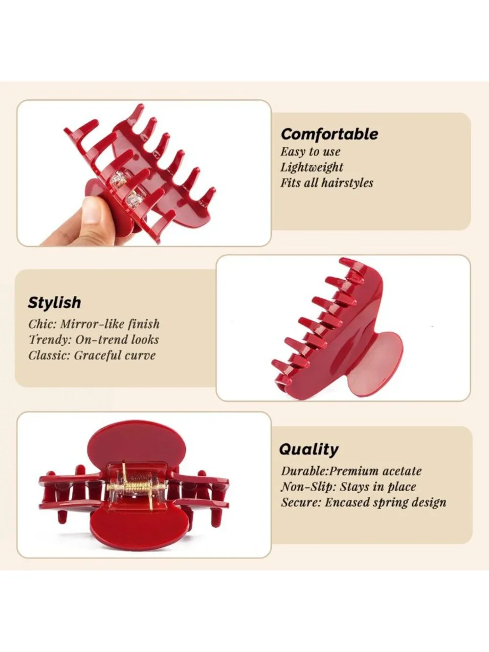 Cute Cherry Red Acetate Hair Claw Clip for Women, 3 Inch Durable Banana Clip
